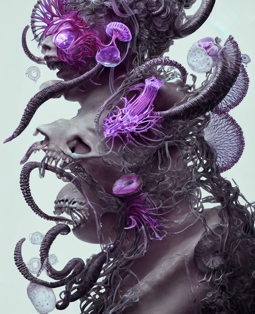 Image similar to goddess close-up portrait ram skull, thorax, x-ray, backbone, jellyfish phoenix head, nautilus, orchid, skull, betta fish, bioluminiscent creatures, intricate artwork by Tooth Wu and wlop and beeple. octane render, trending on artstation, greg rutkowski very coherent symmetrical artwork. cinematic, hyper realism, high detail, octane render, 8k