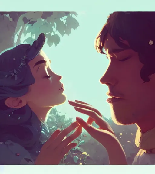 Prompt: a princess and a king almost kissing in the beautiful garden by atey ghailan, by greg rutkowski, by greg tocchini, by james gilleard, by joe fenton, by kaethe butcher, dynamic lighting, gradient light blue, brown, blonde cream and white color scheme, grunge aesthetic