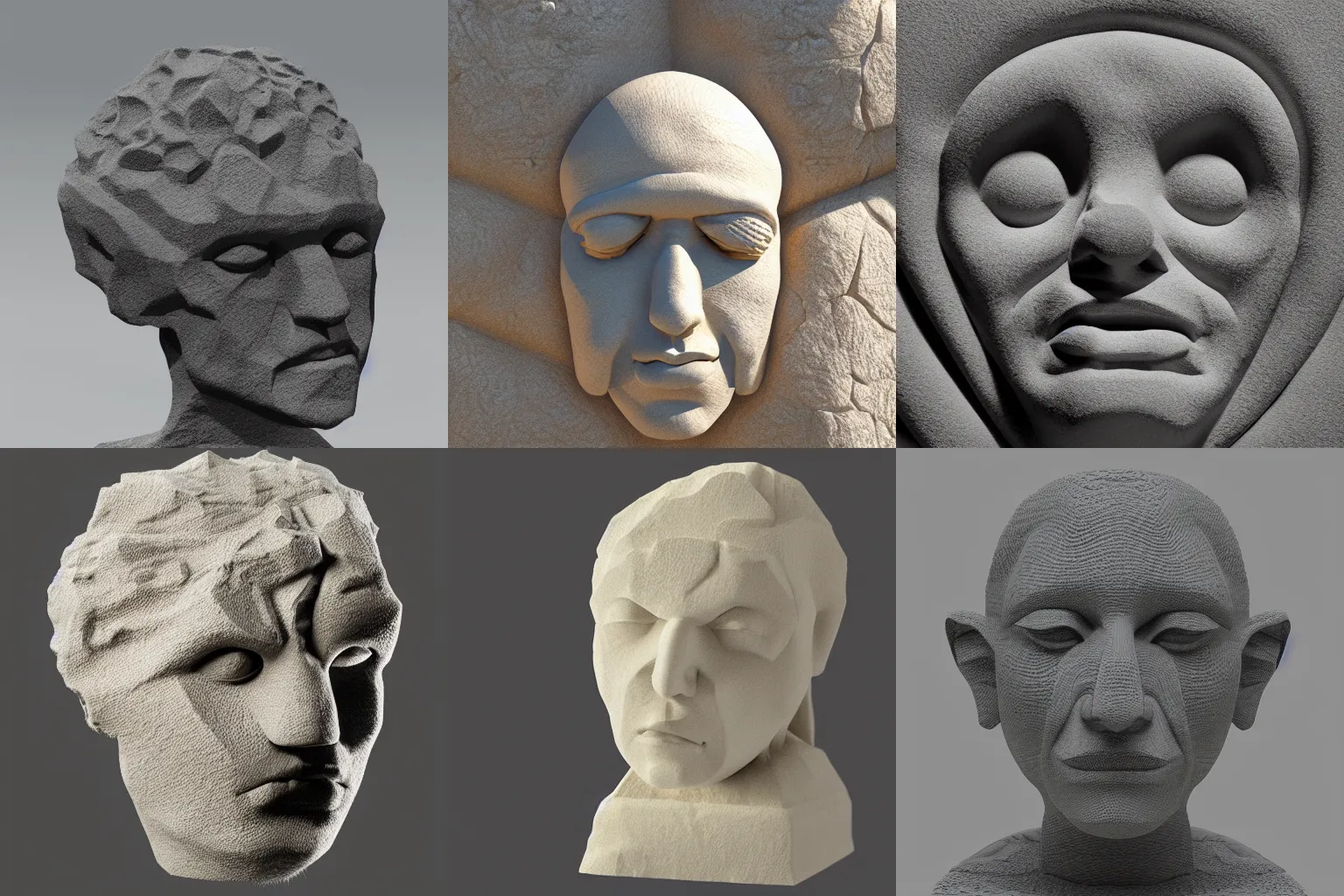 Prompt: hand-made 4D stone sculpture of a human head, abstract, detailed texture, dynamic light, shadows