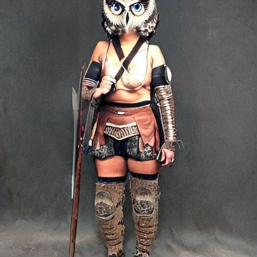 Image similar to full body photo of a female warrior wearing owl armour