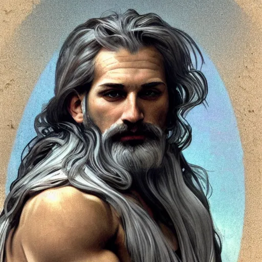 Image similar to painted portrait of rugged zeus, greek god, 4 0 years old, handsome, white hair, soft hair, upper body, muscular, hairy torso, fantasy, intricate, elegant, highly detailed, digital painting, artstation, concept art, smooth, sharp focus, illustration, art by alphonse mucha