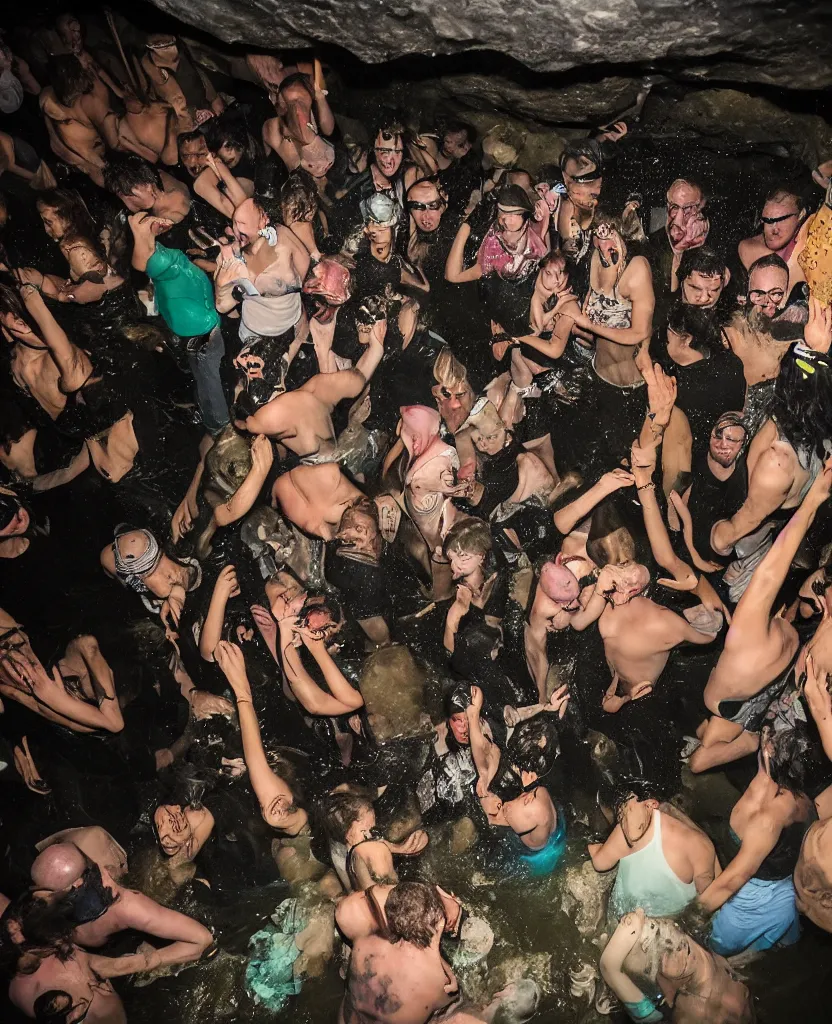 Image similar to photos of a wild underground party taken by merlin bronques, expert everything is under water