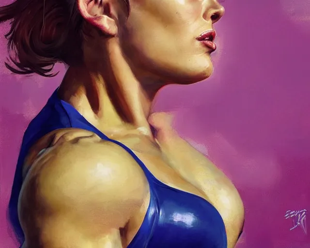 Image similar to greg manchess portrait painting of milla jovovich as beautiful thick female bodybuilder zarya from overwatch, medium shot, asymmetrical, profile picture, organic painting, sunny day, matte painting, bold shapes, hard edges, street art, trending on artstation, by huang guangjian and gil elvgren and sachin teng