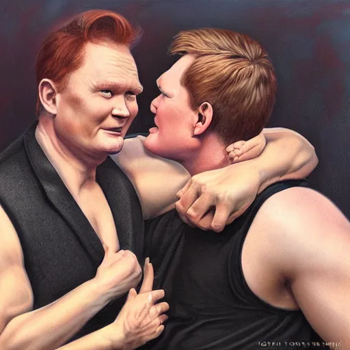 Image similar to conan o'brien and andy richter wrestling, by tom bagshaw, oil on canvas