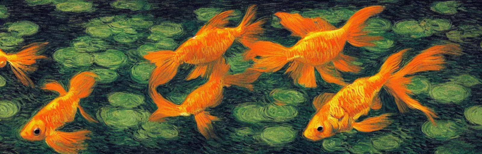 Prompt: An aesthetically pleasing, dynamic, energetic, lively, well-designed digital art of goldfish in a pond viewed from underwater, light and shadow, chiaroscuro, by Claude Monet and Vincent Van Gogh, superior quality, masterpiece, excellent use of negative space. 8K, superior detail, widescreen.