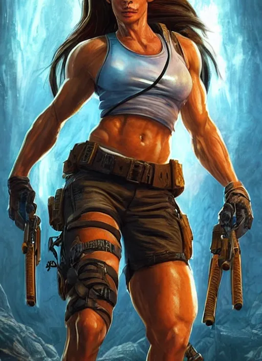 Image similar to muscled Sandra Bullock as Lara Croft as a ruggedly handsome heroine looking directly into the camera, jumping off a glowing artifact lodged in shallow blue glowing water, intricate, elegant, highly detailed, artstation, concept art, smooth, sharp focus, illustration, bokeh art by artgerm and donato giancola and Joseph Christian Leyendecker, WLOP, fireflies, distant snowstorm and thunder