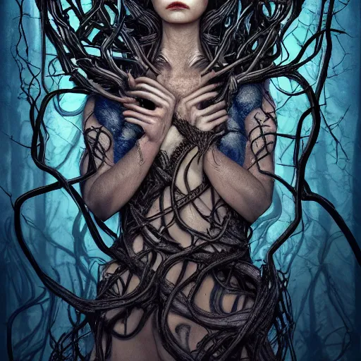 Prompt: dramatic portrait of the dark queen of snakes, wearing a crown of thorned vines, blue skin, wrapped in snakes, realism, dark fantasy illustration, surrounded by twisting forest, dynamic lighting, detailed textures, octane render, artstation