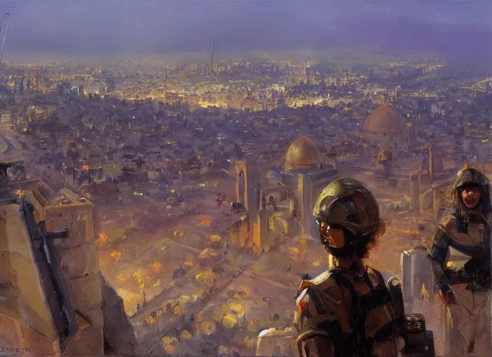 Prompt: a highly detailed beautiful portrait of jerusalem under attack by aliens, by gregory manchess, james gurney, james jean
