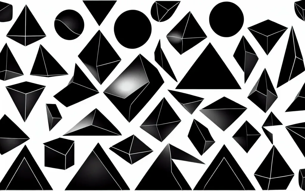 Image similar to a black sphere | a black cube | a black pyramid, 3 different shapes, on a white background, vector art, in a row