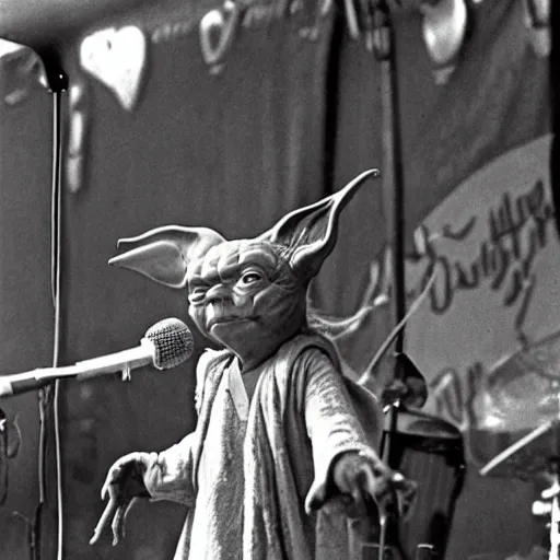 Image similar to yoda performing at woodstock