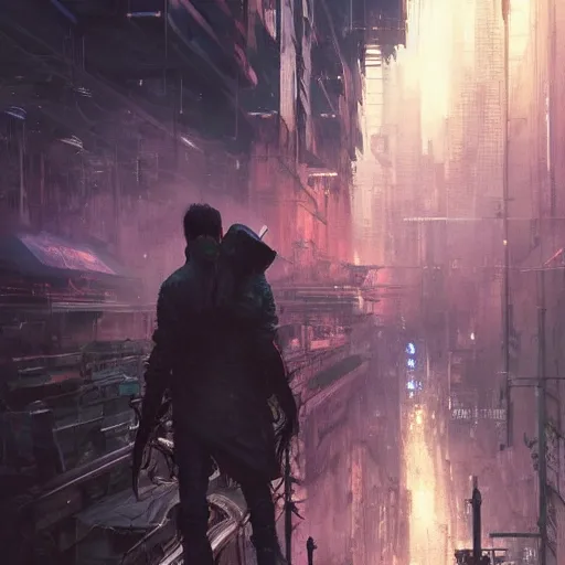 Prompt: wanderer in a cyberpunk megacity, dramatic lighting, detailed background, gorgeous view, realistic, high detail, depth of field, lightrays, atmospheric, digital art, painted by greg rutkowski, painted by jeremy mann, painted by alphonse mucha, trending on artstation