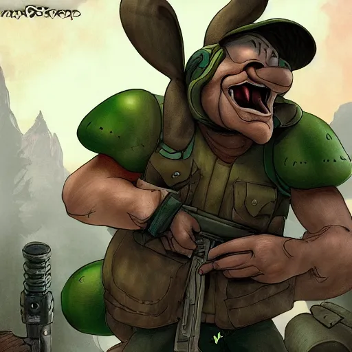 Image similar to Elmer Fudd from Loony Tunes in Doom, wearing green armor and helmet, killing demons, rip and tear, video game, highly detailed, trending on ArtStation