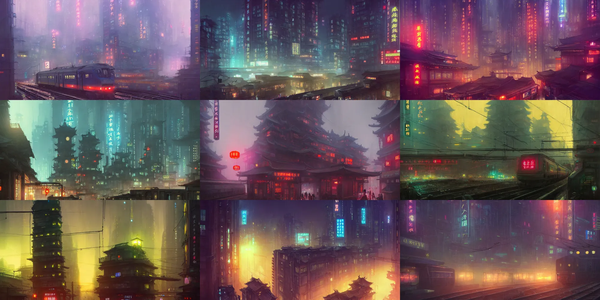 Prompt: train goes through shanghai, chinese building, cyberpunk, night time, city lights, extremely detailed digital painting, in the style of fenghua zhong and ruan jia and jeremy lipking and peter mohrbacher, mystical colors, rim light, beautiful lighting, 8 k, stunning scene, raytracing, octane, trending on artstation