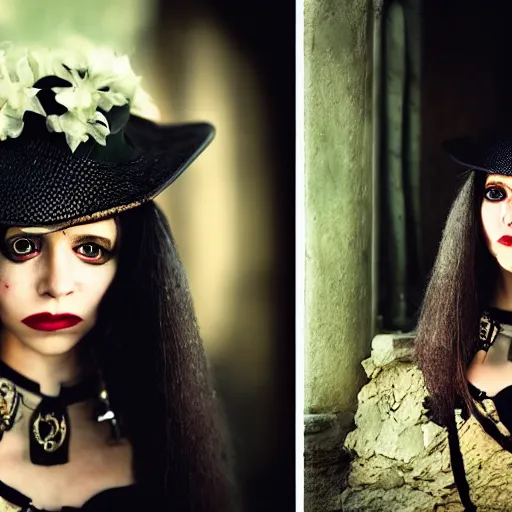 Image similar to A beautiful portrait of a lady vampire, steampunk, photography, 35mm, depth of field, bokeh, soft light, cinematic, steve mccurry