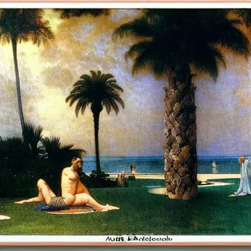 Image similar to The giant column, thunderstorm, greek pool, beach and palm trees on the background major arcana sky, by paul delaroche, alphonse mucha and arnold böcklin arnold böcklin hyperrealistic 8k, very detailed