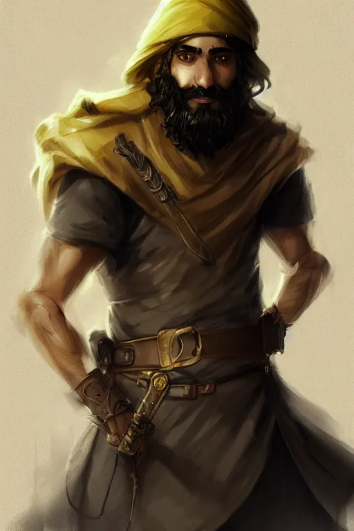 Image similar to Arab man light beard, curly hair, swordsman, modern, hero, leather , yellow and charcoal, character concept art, costume design, trending on artstation, Artgerm , WLOP