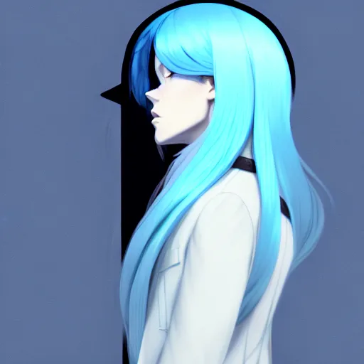 Prompt: low - angle shot from behind of a long light blue - haired girl in a tailcoat with a scabbard, combat boots, noir, screenshot, sharp focus, intricate, illustration, cell shaded, digital painting, highly detailed, straight hair, art by ilya kuvshinov, wlop, greg rutkowski, studio quality, james jean