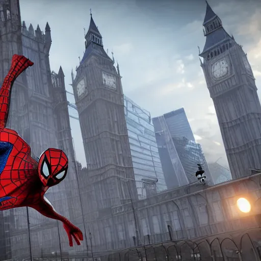 Image similar to spiderman in london, 8 k, cryengine