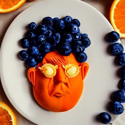 Prompt: edible donald trump made of orange skin for hair, butter and orange pieces for the face, blueberries for the suit, from the beautiful'food art collection ', dslr