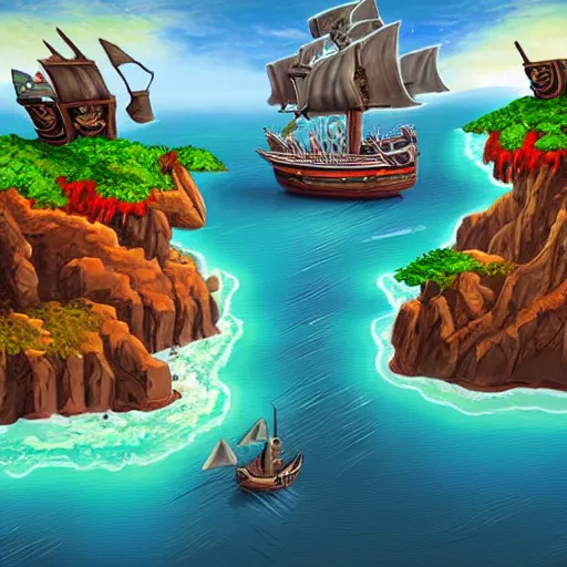 Prompt: a pirate ship near a skull shaped island, by Bill Tiller, monkey island game, game concept art, colorful