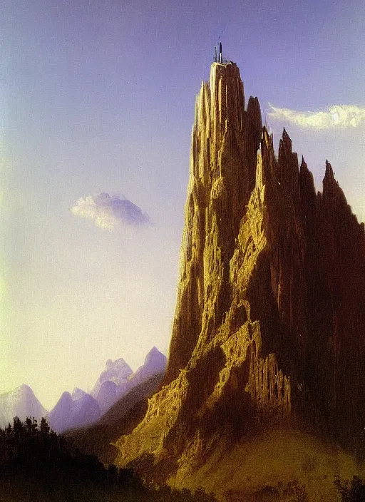 Prompt: painting of a skyscraper made of concrete in front of beautiful mountains by albert bierstadt