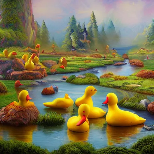 Prompt: a fantasy world of rubber ducks, landscape painting, highly detailed