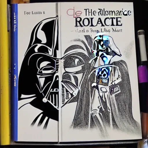 Image similar to a romance novel cover from 1 9 8 3, paperback, drawing, darth vader, yoda on the cover, romantic