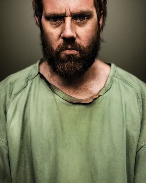 Image similar to closeup prison mugshot of shaggy, dramatic lighting, dirty green clothes, neck shackle, low saturation, somber expression, beardless, smooth face, soft vignette, soft focus, 5 0 mm, 4 k, scooby doo screenshot, photograph by annie leibovitz