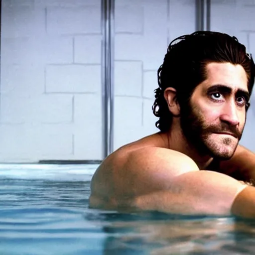 Image similar to move poster cinestill of Jake Gyllenhaal sitting in a hot tub in the movie Waiting for Kristin