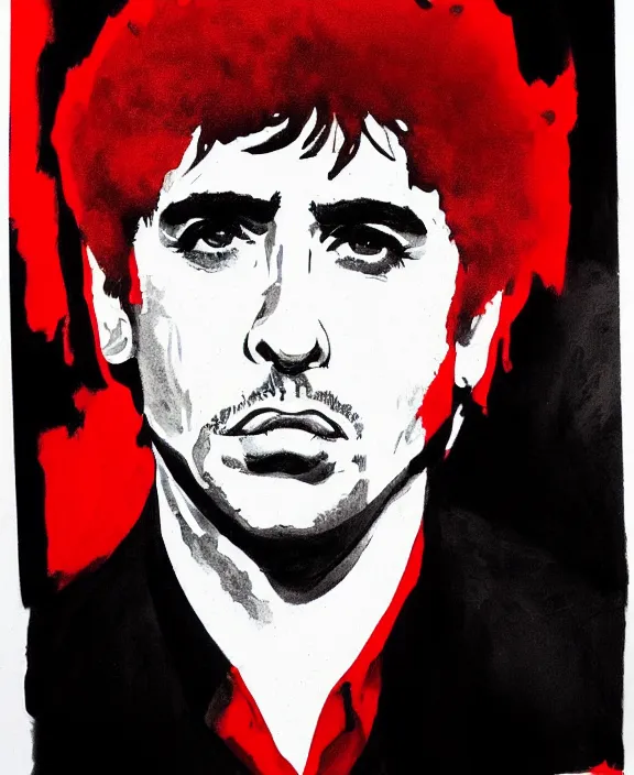 Image similar to headshot portrait. tony montana from movie scarface 1 9 8 3. al pacino, perfect symmetric face, coherent eyes, fine details., 4 k, red and black ink paint