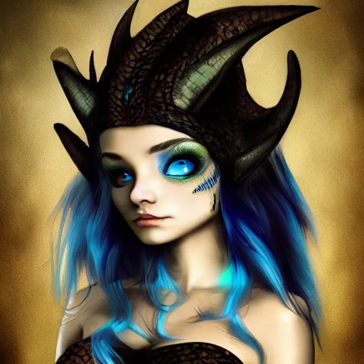 Image similar to The dragon girl portrait, portrait of young girl half dragon half human, dragon girl, dragon skin, dragon eyes, dragon crown, blue hair, long hair, highly detailed, cinematic lighting, by Tim Burton