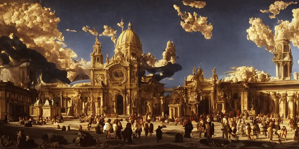 Image similar to beautiful oil matte painting, baroque church caught on fire with people desperate to extinguish the flames, wonderful masterpiece highly detailed, beautiful cinematic light deep focus, elegant, digital painting, smooth, sharp focus, golden ratio, dramatic illumination, ultra realistic, 8 k, art by giovanni bellini and caravaggio