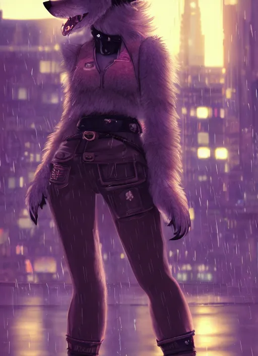 Prompt: character portrait of a female petite anthro wolf fursona with a tail and a cute beautiful attractive detailed furry face wearing stylish cyberpunk clothes in a cyberpunk city at night while it rains. hidari, color page, tankoban, 4K, tone mapping, Akihiko Yoshida. Nomax, Kenket, Rukis.
