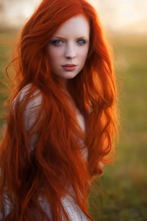 Prompt: portrait of stunningly beautiful redhead girl in a dawn light