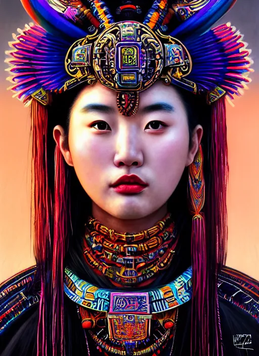 Image similar to portrait of liu yifei, hyper detailed ultra sharp aztec shaman warrior. trending on artstation, warpaint aesthetic, bloodwave, colorful, psychedelic, ornate, intricate, digital painting, concept art, smooth, sharp focus, illustration, art by artgerm and greg rutkowski and h. r. giger, 8 k