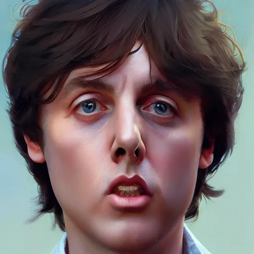 Image similar to Steven Moriseey as Paul McCartney, body portrait, highly detailed, digital painting, artstation, concept art, sharp focus, illustration, art by WLOP and greg rutkowski and alphonse mucha and artgerm