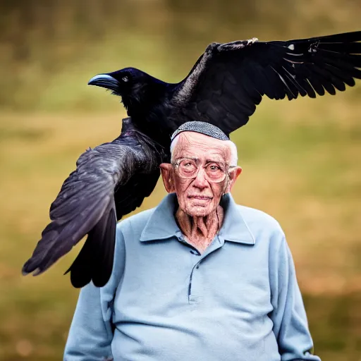 Image similar to an elderly man holding a raven, canon eos r 3, f / 1. 4, iso 2 0 0, 1 / 1 6 0 s, 8 k, raw, unedited, symmetrical balance, in - frame