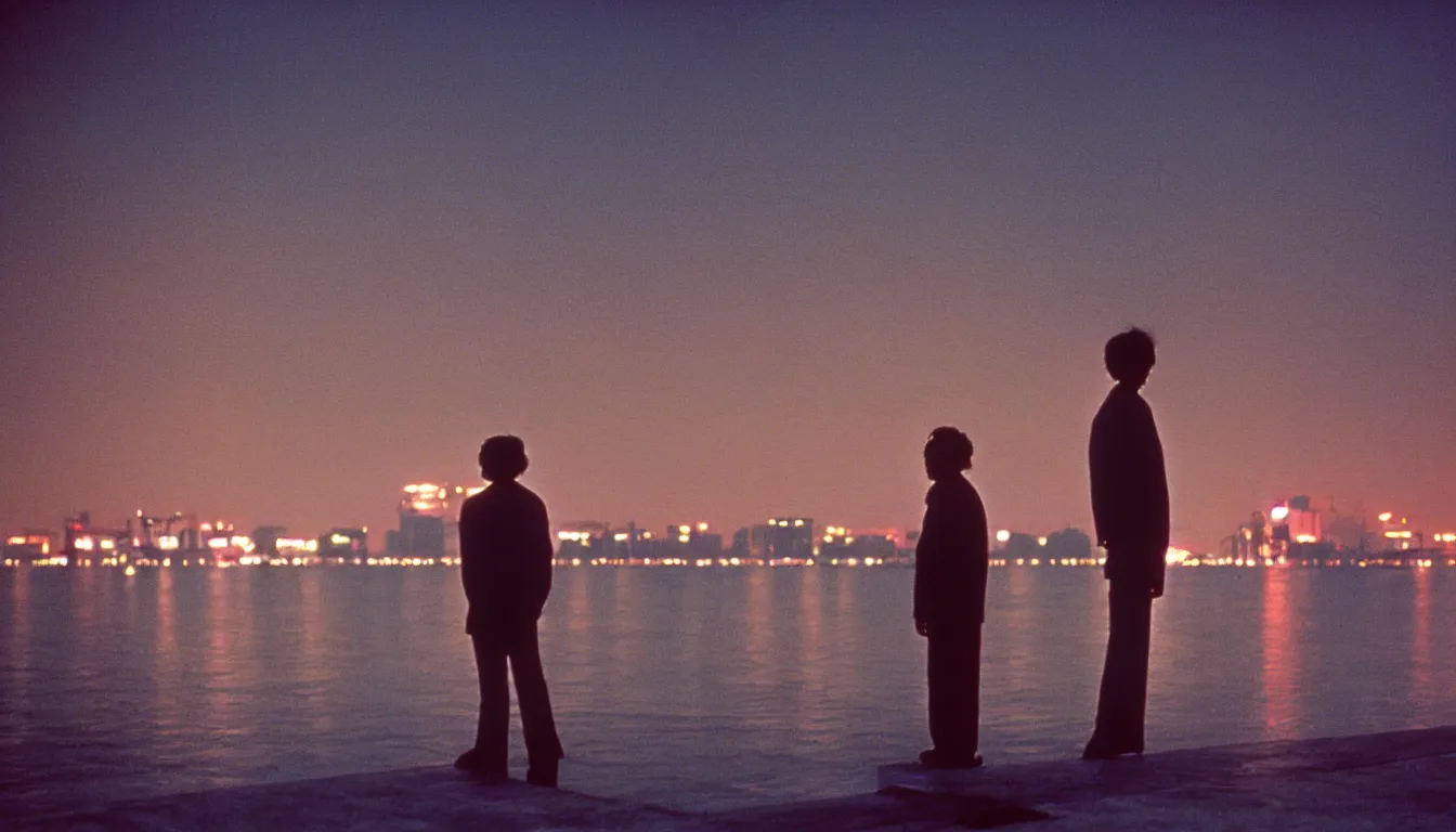 Prompt: 80s asian neon movie still with a lone man standing on a pier by the river on early morning with bright city lights behind his back, ships passing by in the distance, medium format color photography, movie directed by Kar-Wai Wong, hyperrealistic, photorealistic, high definition, highly detailed, tehnicolor, anamorphic 50mm lens