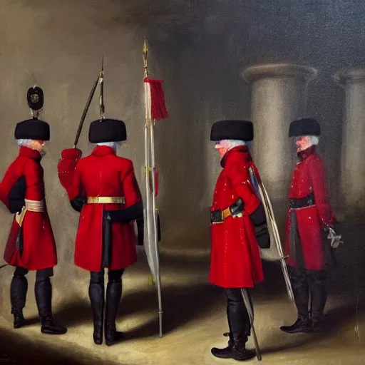 Image similar to a British redcoat soldiers stands before the high council of wizards, fantasy, concept art, oil on canvas,
