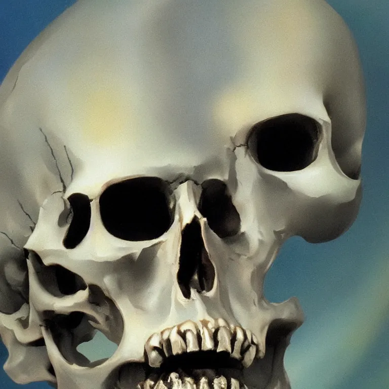 Image similar to closeup of metal skull submerged in milk painted by Edward Hopper, painted by Wayne Barlow, airbrush