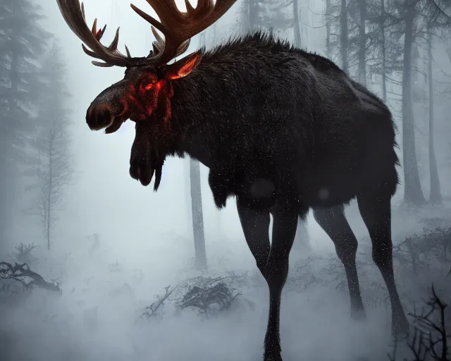 Image similar to 5 5 mm close up portrait photo of an armored demonic burning moose with red eyes and antlers and looking at the camera, in a magical forest. dark atmosphere. art by greg rutkowski and luis royo. highly detailed 8 k. intricate. lifelike. soft light. nikon d 8 5 0.