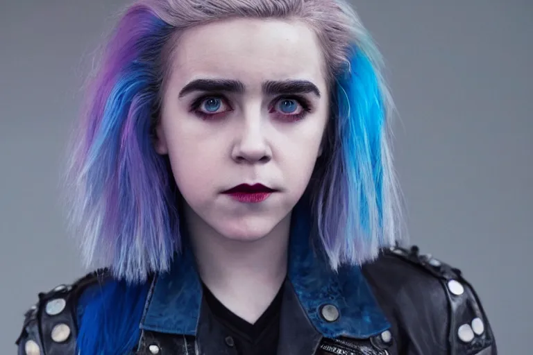 Image similar to promotional image of kiernan shipka as a british punk rocker in a new movie, blue dyed hair, leather clothes, heavy makeup, detailed face, movie still frame, promotional image, imax 70 mm footage