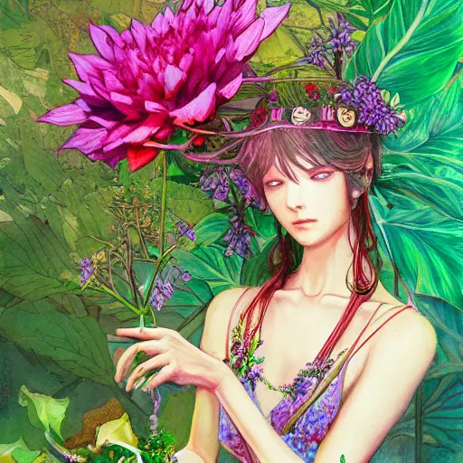 Prompt: goddess of plant medicine detailed painting by akihiko yoshida, vivid saturated colors, trending on artstation