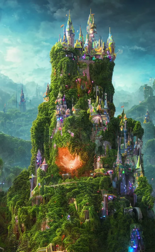 Image similar to microscopic castle on a hill, magical forest, community, robots, electric, furry, soft, concept art, intricate details, highly detailed, photorealistic, disney pixar, octane render, iridescent, anime, 8 k