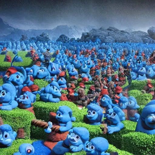 Prompt: hundreds of blue smurfs fighting hundreds of red smurfs with medieval weapons battling on an epic battlefield with a desolate rocky plateau, moon shining golden light, miniaturecore, supremely digital, medieval, pixar render, super detailed, outstanding detail, dreamlike lighting, god rays