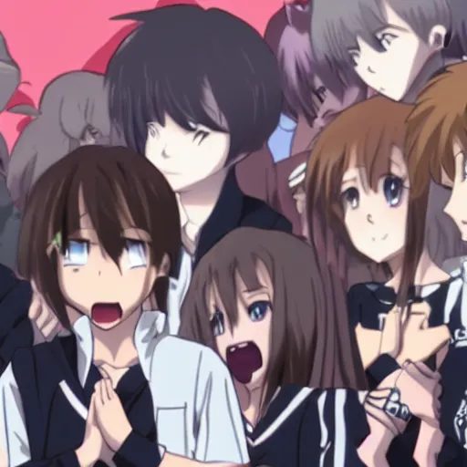 Image similar to crowd of human boys surrounding cute anime girl