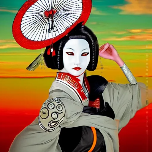 Image similar to cyborg geisha traveling to the future