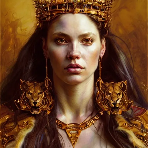 Image similar to highly detailed portrait of a majestic lioness queen in the form of a beautiful woman. d & d. art by donato giancola, eugene delacroix, ruan jia, carl larsson, peter mohrbacher. trending on artstation, intricate details, energetic composition, golden ratio, concept art, illustration, elegant art, global illuminaition