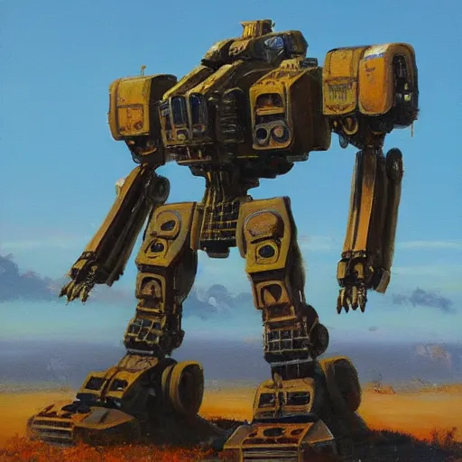 Image similar to A painting of a mech in the style of James Gurney, oil on canvas