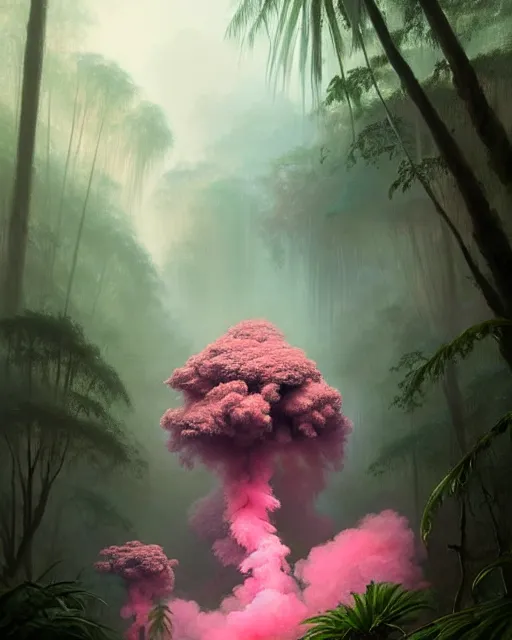 Image similar to a hyper - detailed 3 d render like an oil painting of tribe member portrait in a tropical forest with pink smoke!!!!! surreal concept art, lifelike, photorealistic, digital painting, aesthetic, smooth, sharp focus, artstation hd, by greg rutkowski, bruce pennington, valentina remenar, rhads, asher duran,